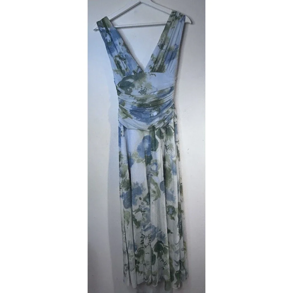 Abercrombie & Fitch Plunge Drop Waist maxi Dress Light Blue And Green Floral XS